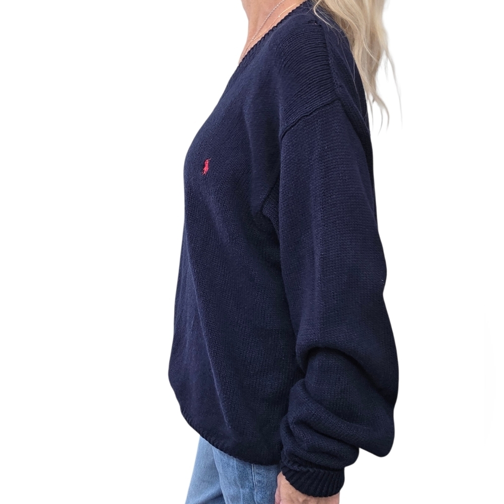 Polo Ralph Lauren Navy V Neck Linen Cotton Knit Sweater XL Preppy Classic - Picture 4 of 8